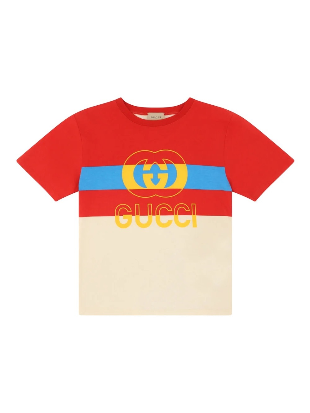 Gucci Red, Blue & Cream Logo Stripe Kids Tee with Yellow Accent